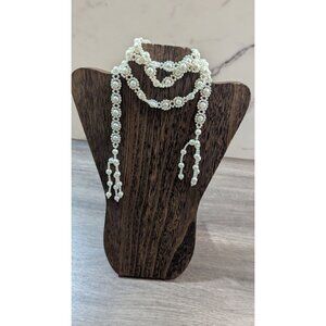 Vintage Style Pearl Beaded Opera Tassel Necklace 44"‎ Handmade  cream
